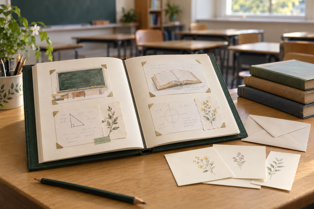 Illustrative classroom-memory book with drawings and thank-you cards on an empty classroom desk.