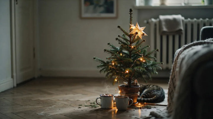 A small leaning Christmas tree with a folded paper star and two mugs of cocoa in a cozy apartment