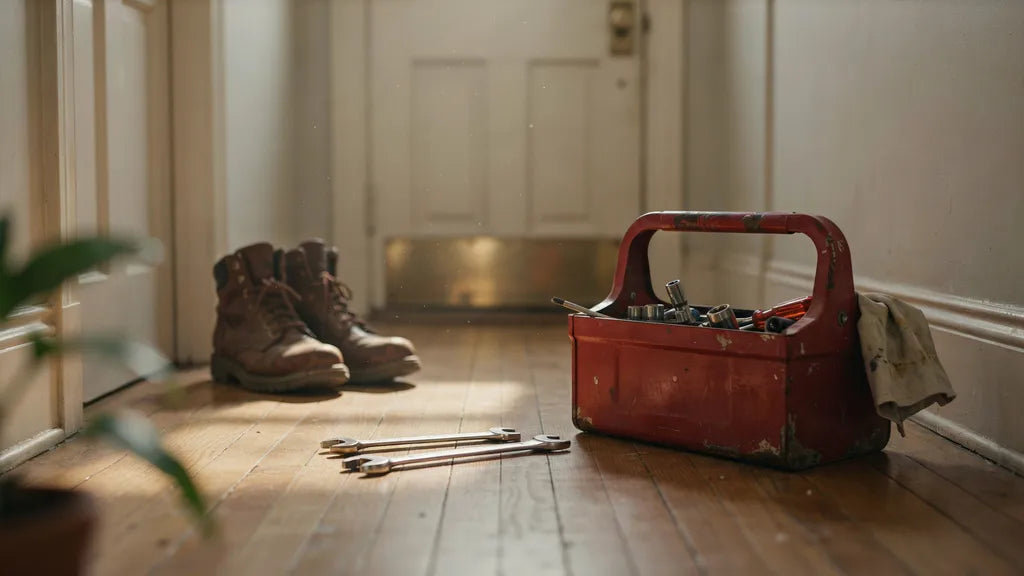 A worn toolbox in a sunlit hallway — memorial song for dad who passed away