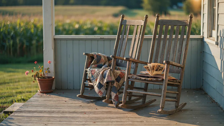 Two weathered rocking chairs on a farmhouse porch in golden light, with a folded quilt and an open photo album