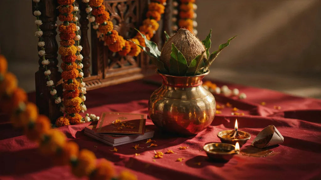 A marigold-draped mandap frame with a brass kalash, lit diya, and henna cone in warm golden light