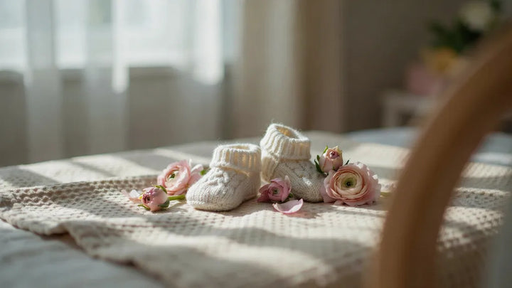 Tiny white knitted baby shoes and soft flowers on a cream nursery blanket in morning light