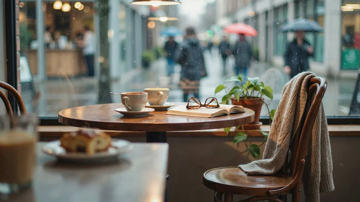 A coffee shop table for two by a window with two cups of coffee in warm afternoon light