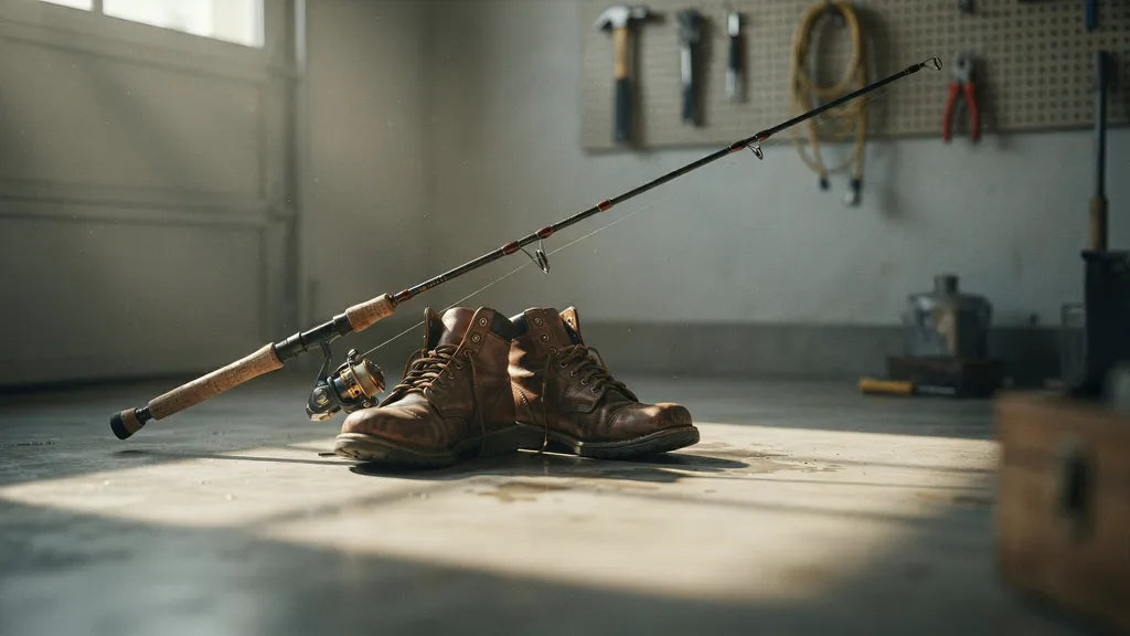 Worn work boots next to a fishing rod in a sunlit garage