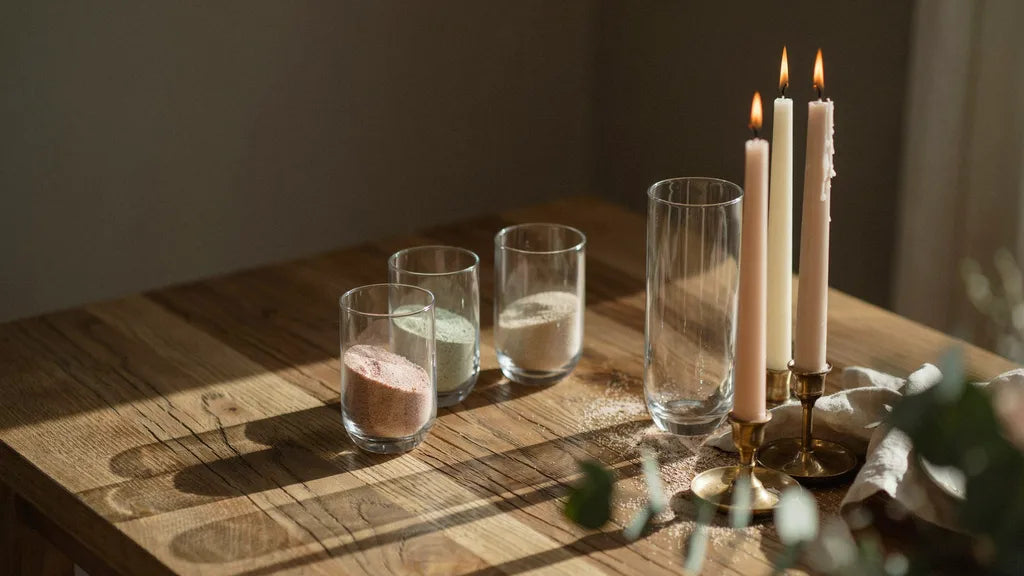 A unity sand ceremony set with three vessels of colored sand and candles in warm light