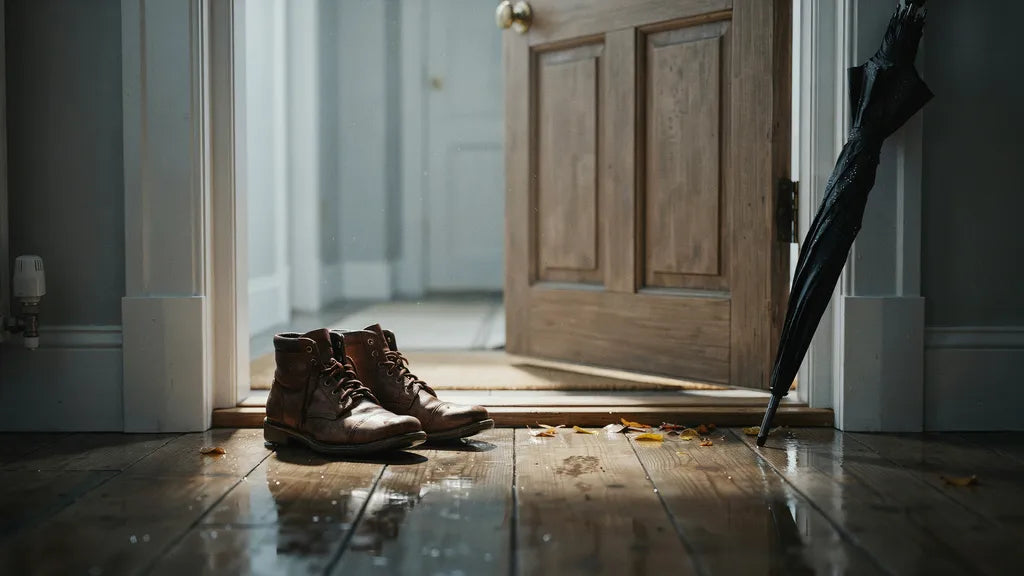 Worn boots by an open door in morning light after rain