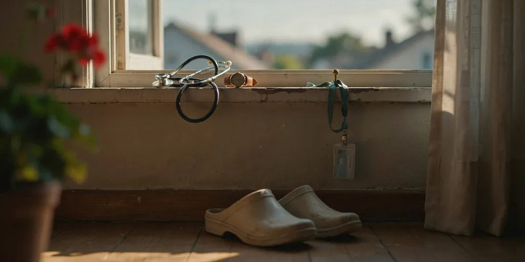 A worn stethoscope, a retirement watch, a lanyard, and white nursing clogs on a windowsill in warm light