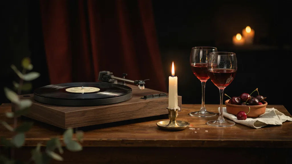 A vinyl record spinning beside two glasses of wine in candlelight — custom anniversary songs | Songbond