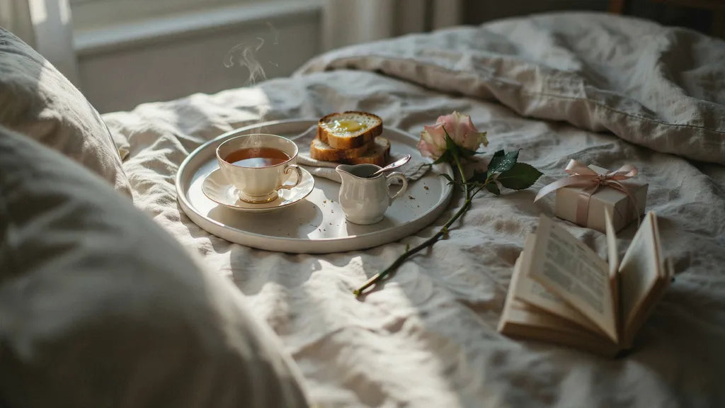 A breakfast tray with tea, a flower and a small gift on white bedding — custom songs for your wife | Songbond