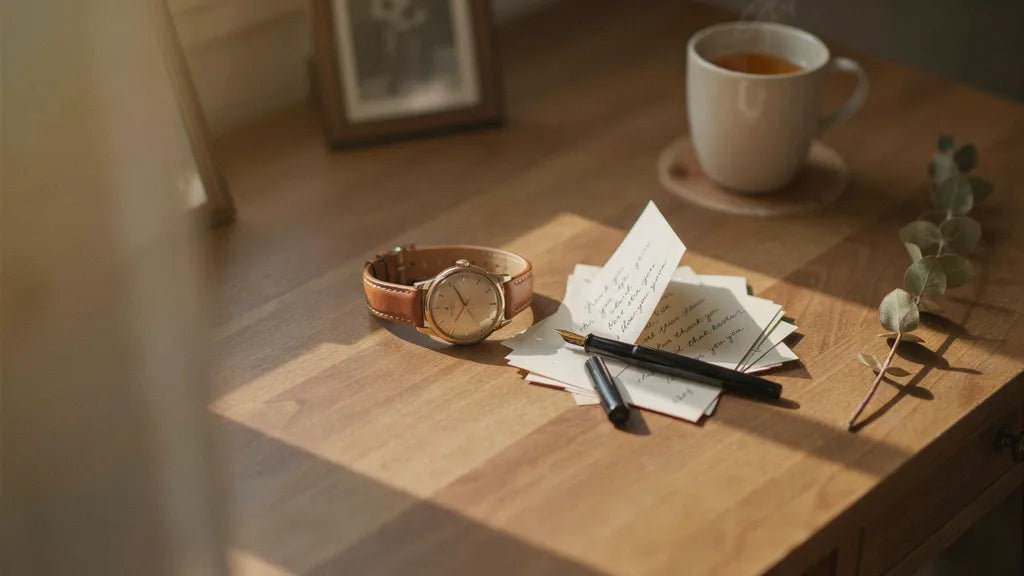 A gold watch and handwritten thank-you cards on a desk — custom retirement songs | Songbond