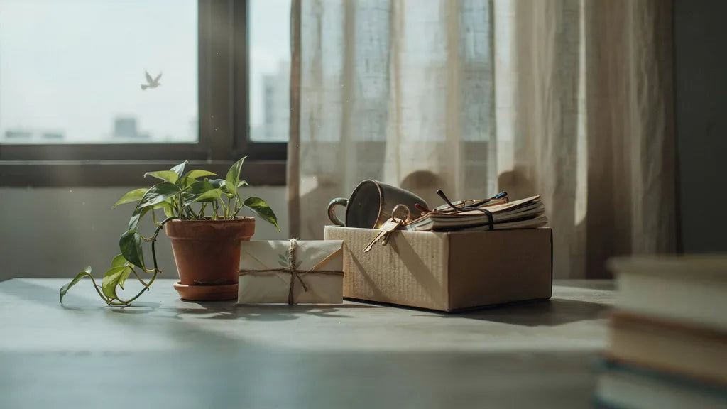 A desk plant, farewell card and box of belongings in office light — custom songs for a colleague | Songbond