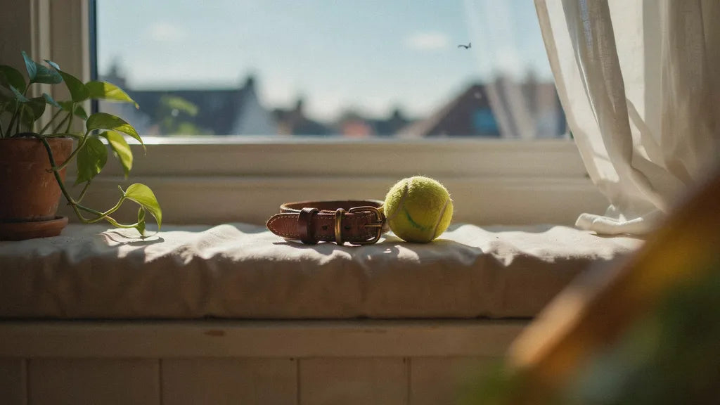 A worn dog collar and tennis ball on an empty window seat — custom pet loss songs | Songbond