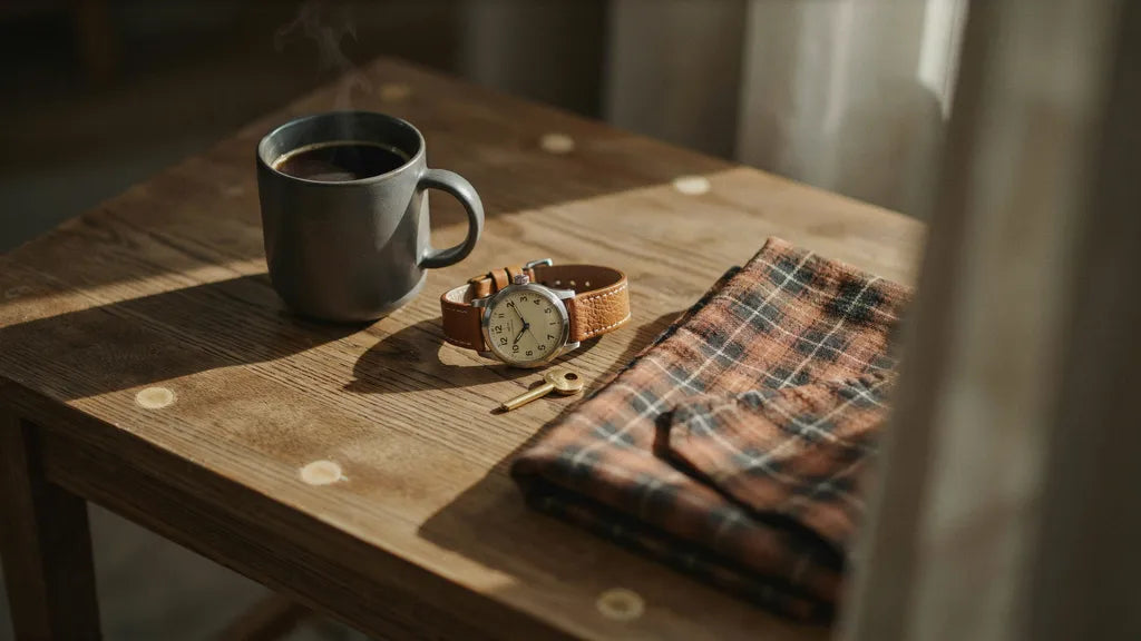 A watch on a folded flannel shirt beside black coffee — custom songs for your husband | Songbond