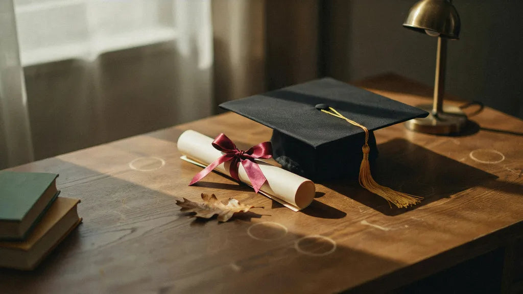 A graduation cap and ribboned diploma in golden light — custom graduation songs | Songbond
