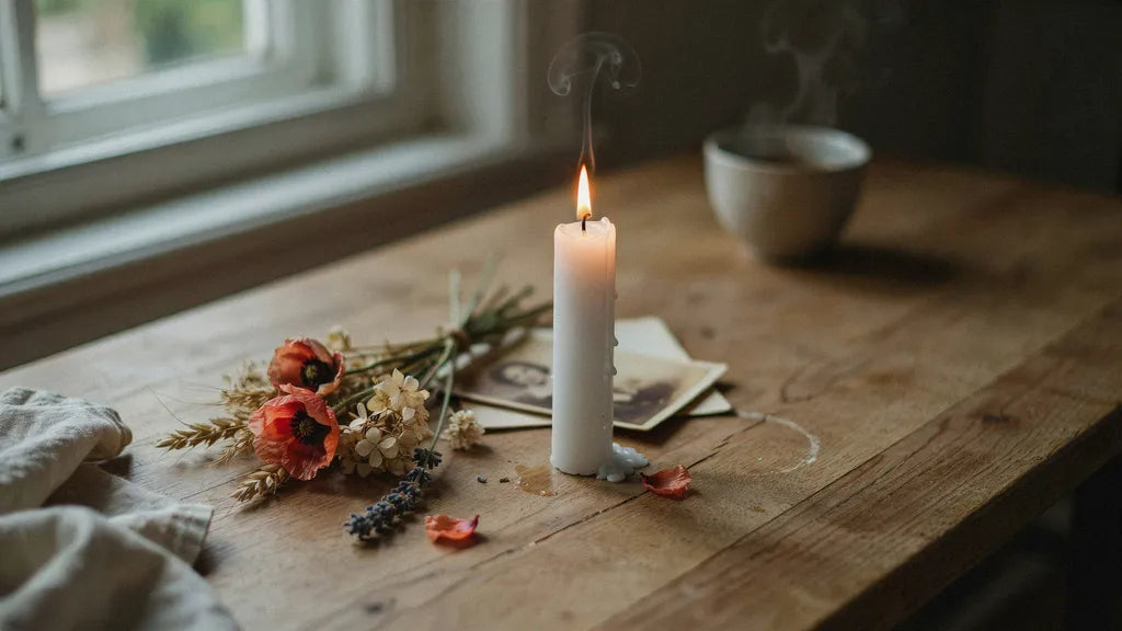 A white candle beside dried flowers and an old photograph — custom memorial songs | Songbond