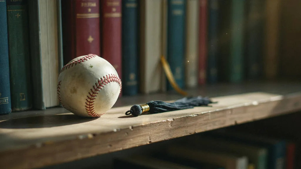 A weathered baseball and graduation tassel on a bookshelf — custom songs for your son | Songbond