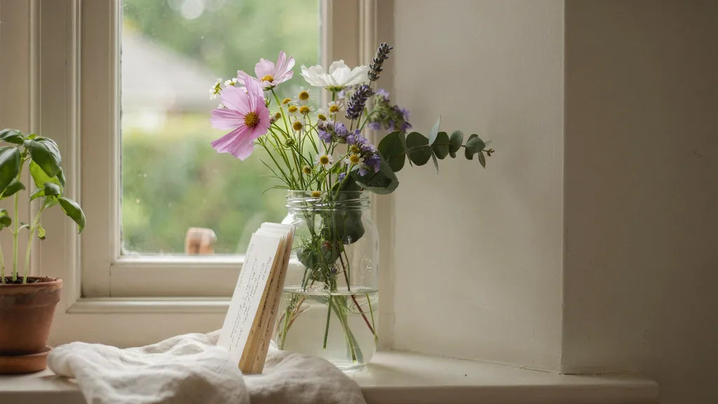 Garden flowers in a glass jar on a kitchen windowsill — custom songs for mom | Songbond