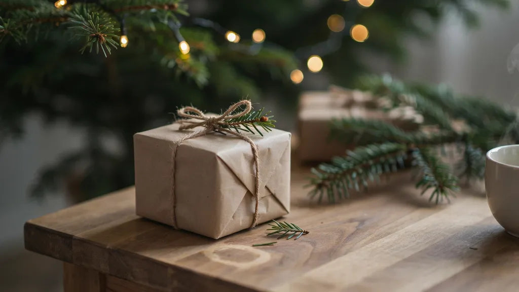 A kraft-wrapped gift with pine under warm Christmas lights — custom song Christmas gifts | Songbond