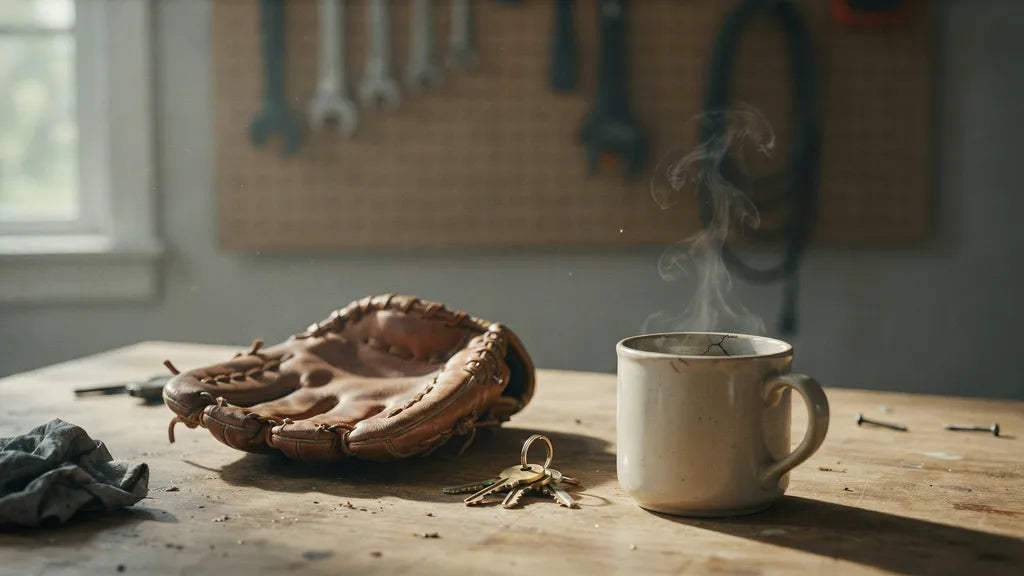 A worn baseball glove, keys and coffee on a workbench — custom songs for dad | Songbond