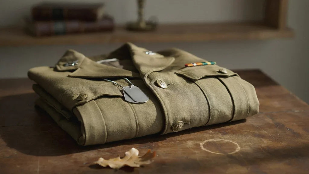 Blank dog tags on a folded military jacket — custom Army tribute songs | Songbond