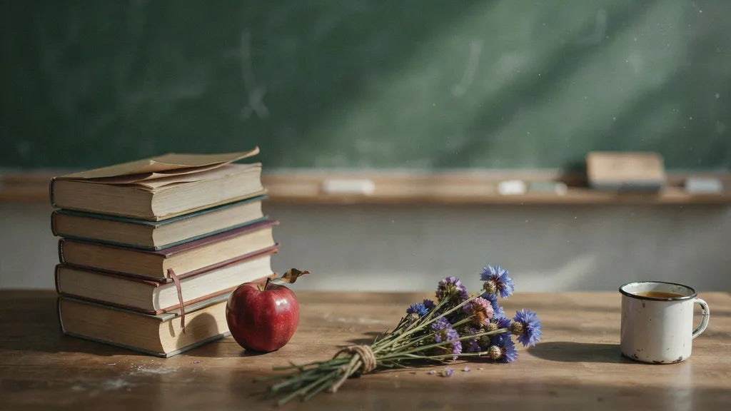 Books, an apple and wildflowers on a teacher's desk — custom songs for teachers | Songbond