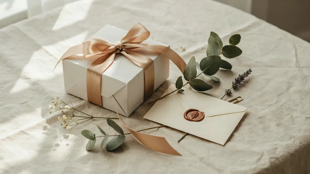 An ivory gift box with eucalyptus and a wax-sealed card — custom song wedding gifts | Songbond