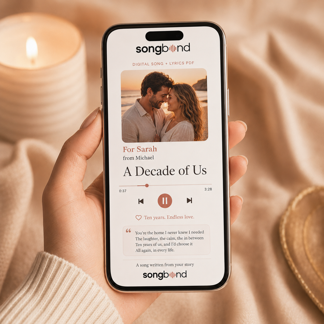 Digital Song + Lyrics PDF mockup for 10 Year Anniversary Gift