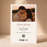 16th anniversary gift — custom song greeting card: Sixteen Springs front, Nora & Caleb Est. 2010, QR to song — Songbond