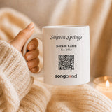 16th anniversary gift — custom song mug: Sixteen Springs, Nora & Caleb Est. 2010 with scannable QR code — Songbond