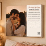 16th anniversary gift — song lyrics canvas: golden-field couple with full custom verse, Nora & Caleb Est. 2010 — Songbond