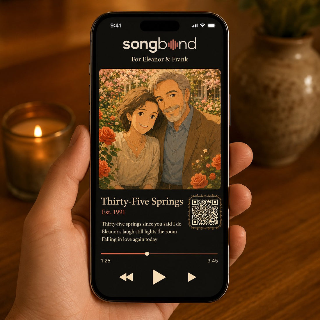 35th anniversary custom song digital keepsake — phone screen with lyrics, Eleanor & Frank — Songbond