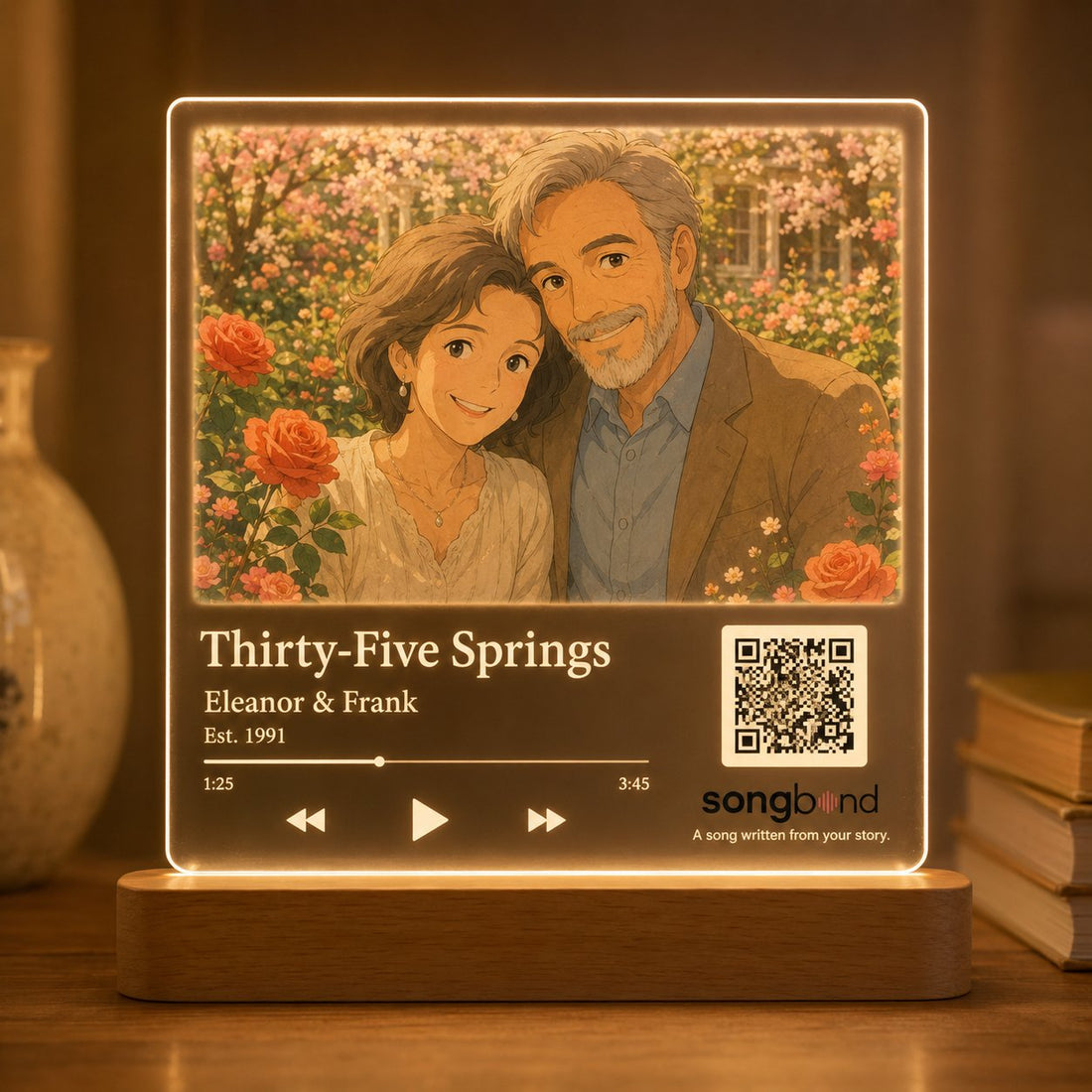 35th anniversary custom song LED plaque — Eleanor & Frank portrait on glowing acrylic — Songbond