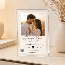 Custom Song Acrylic Plaque with a couple's photo, song title, names, date and scan-to-play QR (Songbond)