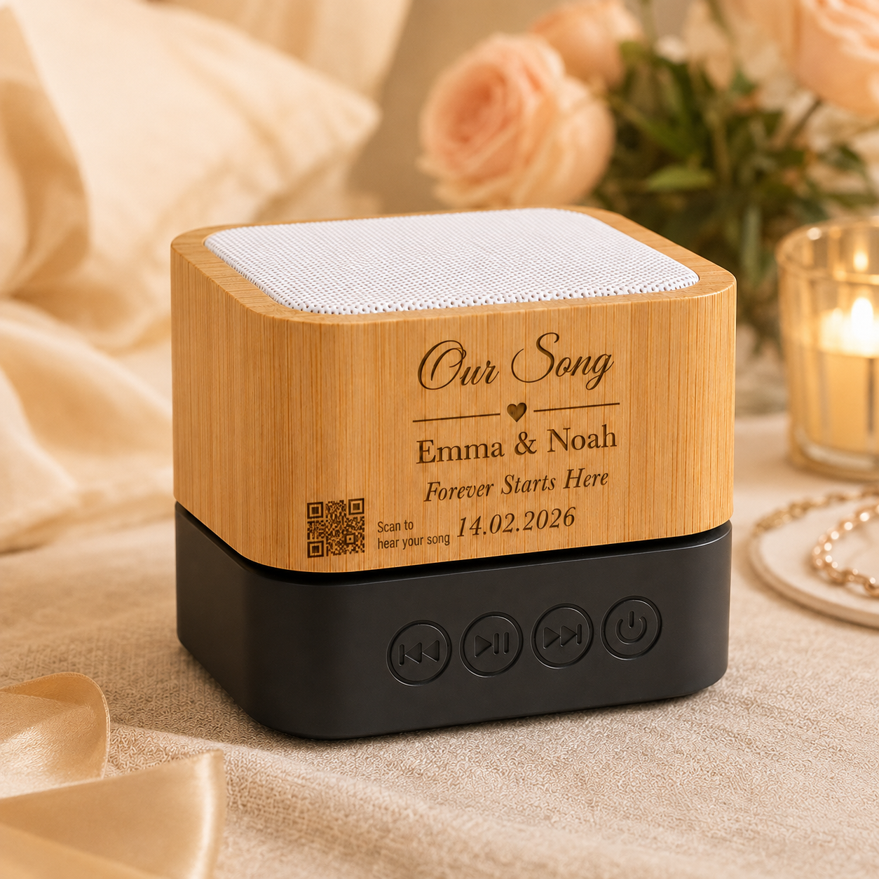 Custom Song Soundbox styled as a gift, beside roses and a candle