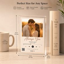 Custom Song Acrylic Plaque with photo and scan-to-play QR, displayed on a shelf (Songbond)