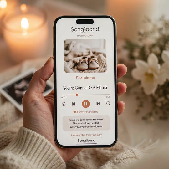 Songbond app playing You're Gonna Be A Mama — custom mom-to-be song with baby shoes and knit blanket