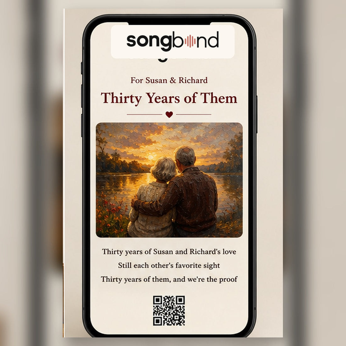 30th anniversary custom song digital keepsake for parents — phone mockup with song player and QR code — Songbond