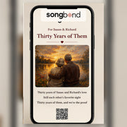 30th anniversary custom song digital keepsake for parents — phone mockup with song player and QR code — Songbond