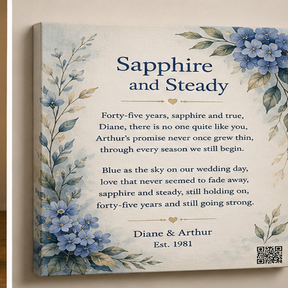 Sapphire and Steady custom song canvas print - Diane and Arthur 45th anniversary gift