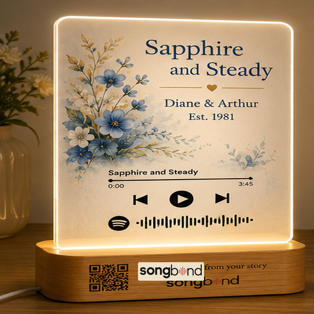 Sapphire and Steady custom song plaque - Diane and Arthur 45th anniversary gift