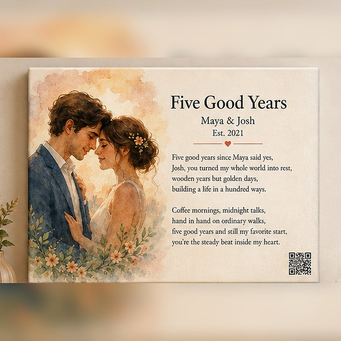 5th anniversary - personalized custom song canvas: couple watercolor portrait with lyrics - Songbond