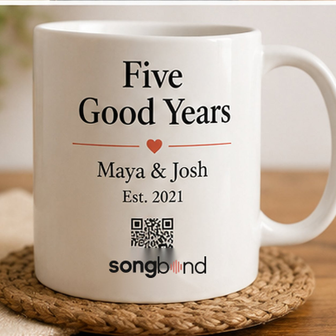 5th anniversary - personalized custom song mug: engraved white mug with names - Songbond