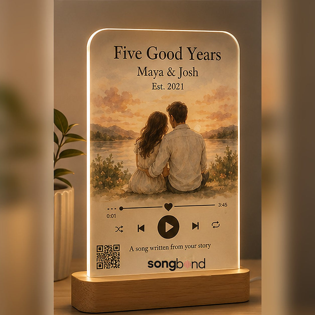 5th anniversary - personalized custom song plaque: LED acrylic plaque with couple art - Songbond