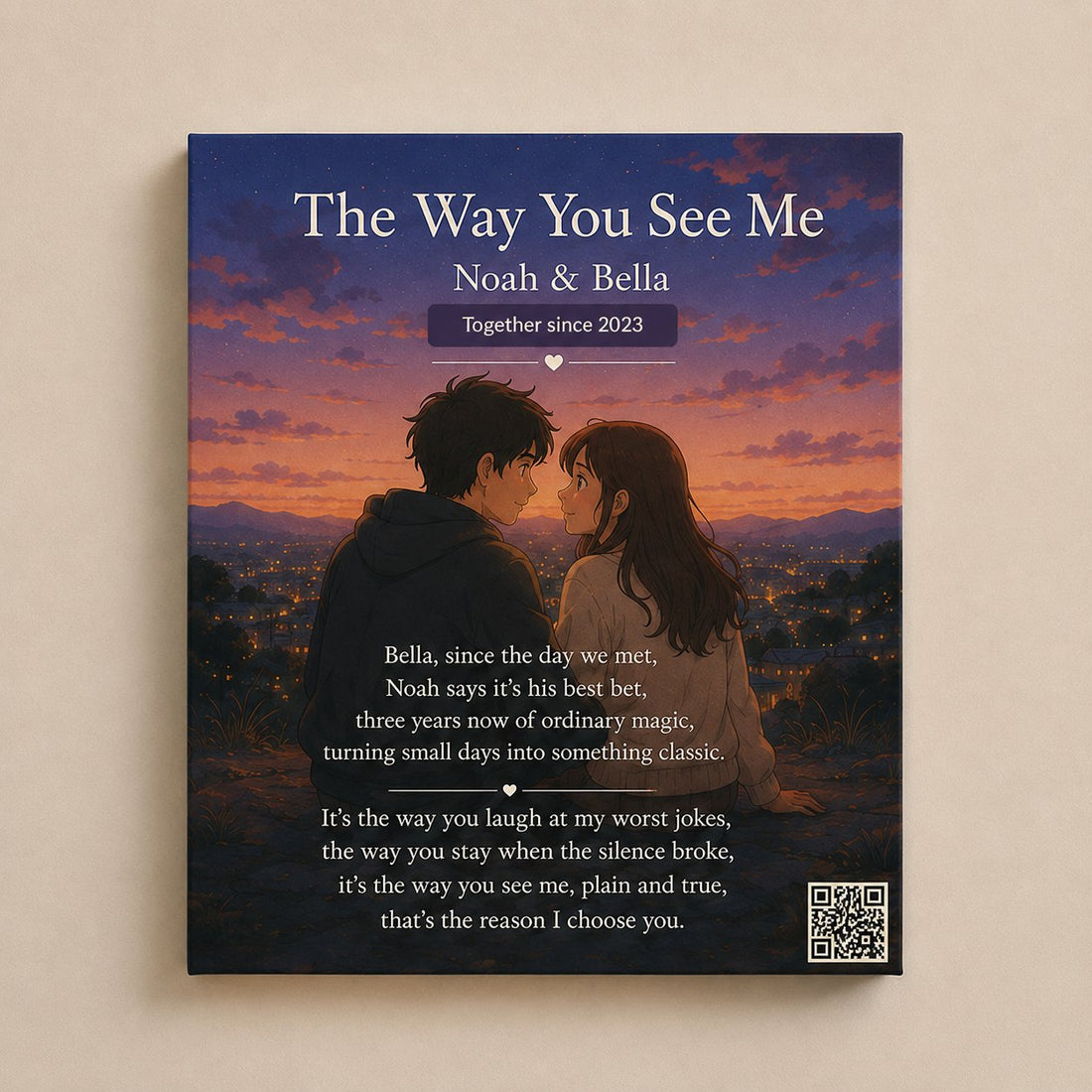 Anniversary girlfriend custom song canvas — printed lyrics wall art with couple portrait and QR code — Songbond