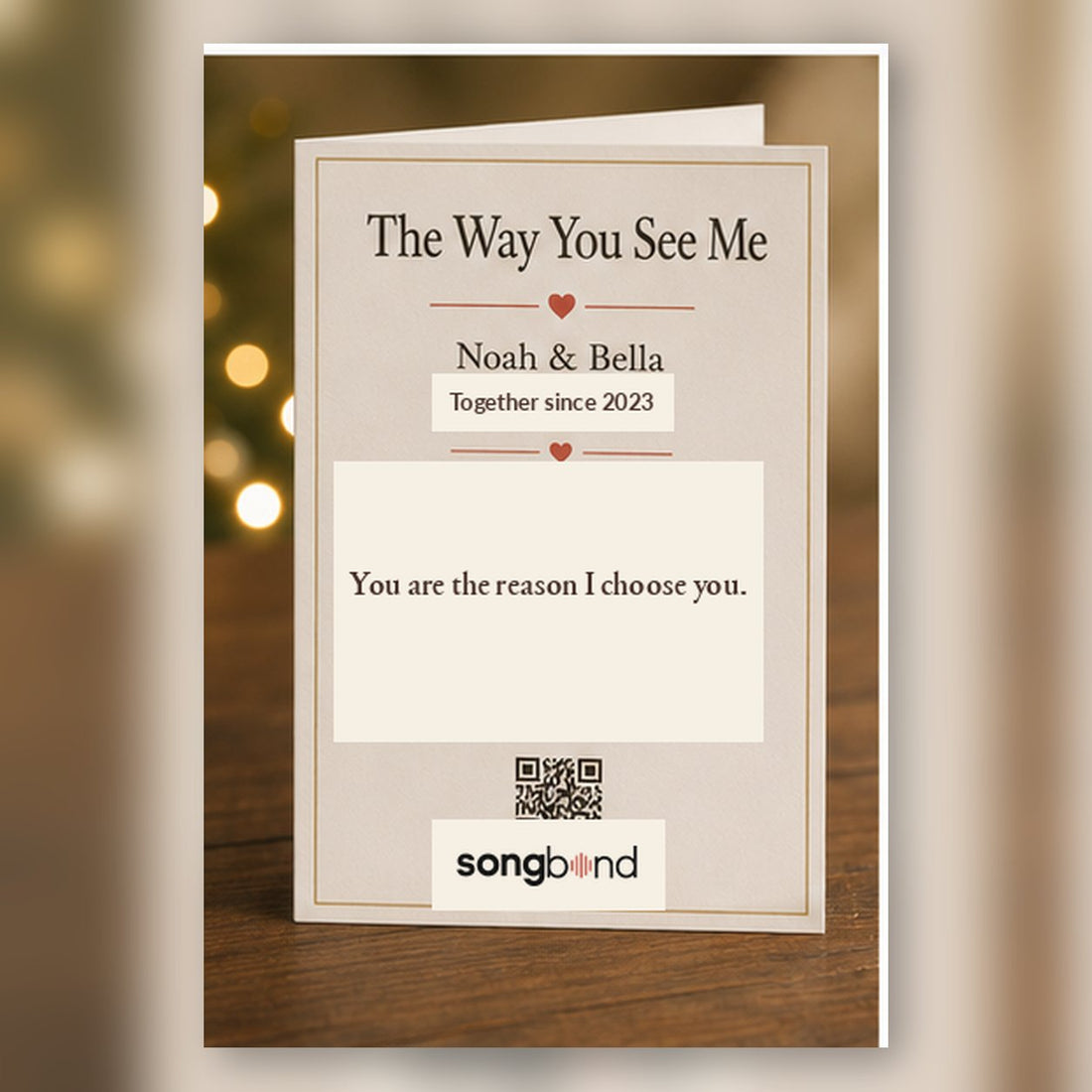 Anniversary girlfriend custom song greeting card — front page with title, names, and QR code — Songbond