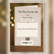 Anniversary girlfriend custom song greeting card — front page with title, names, and QR code — Songbond
