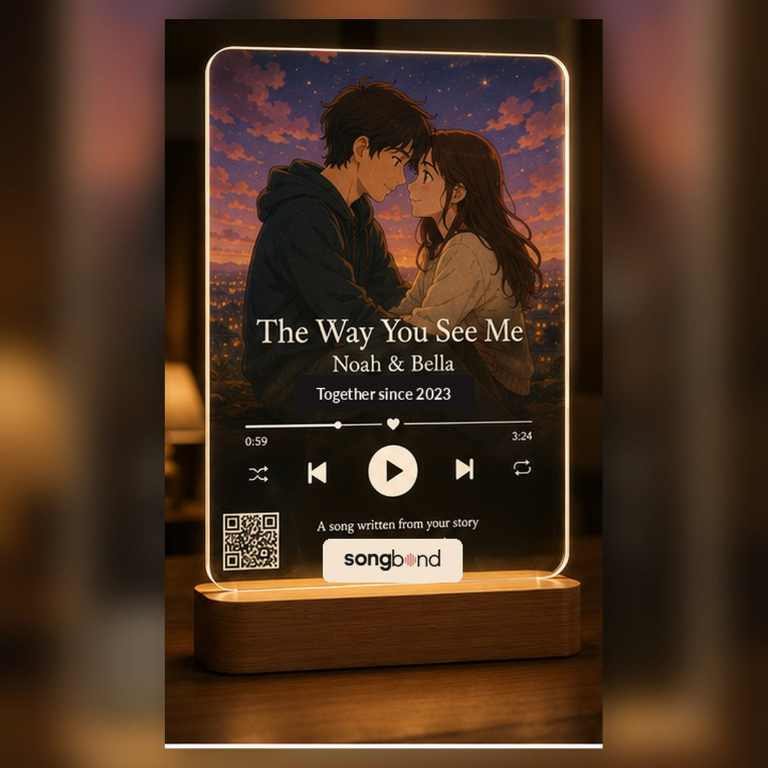 Anniversary girlfriend custom song LED plaque — acrylic wooden-base plaque with couple art and QR code — Songbond