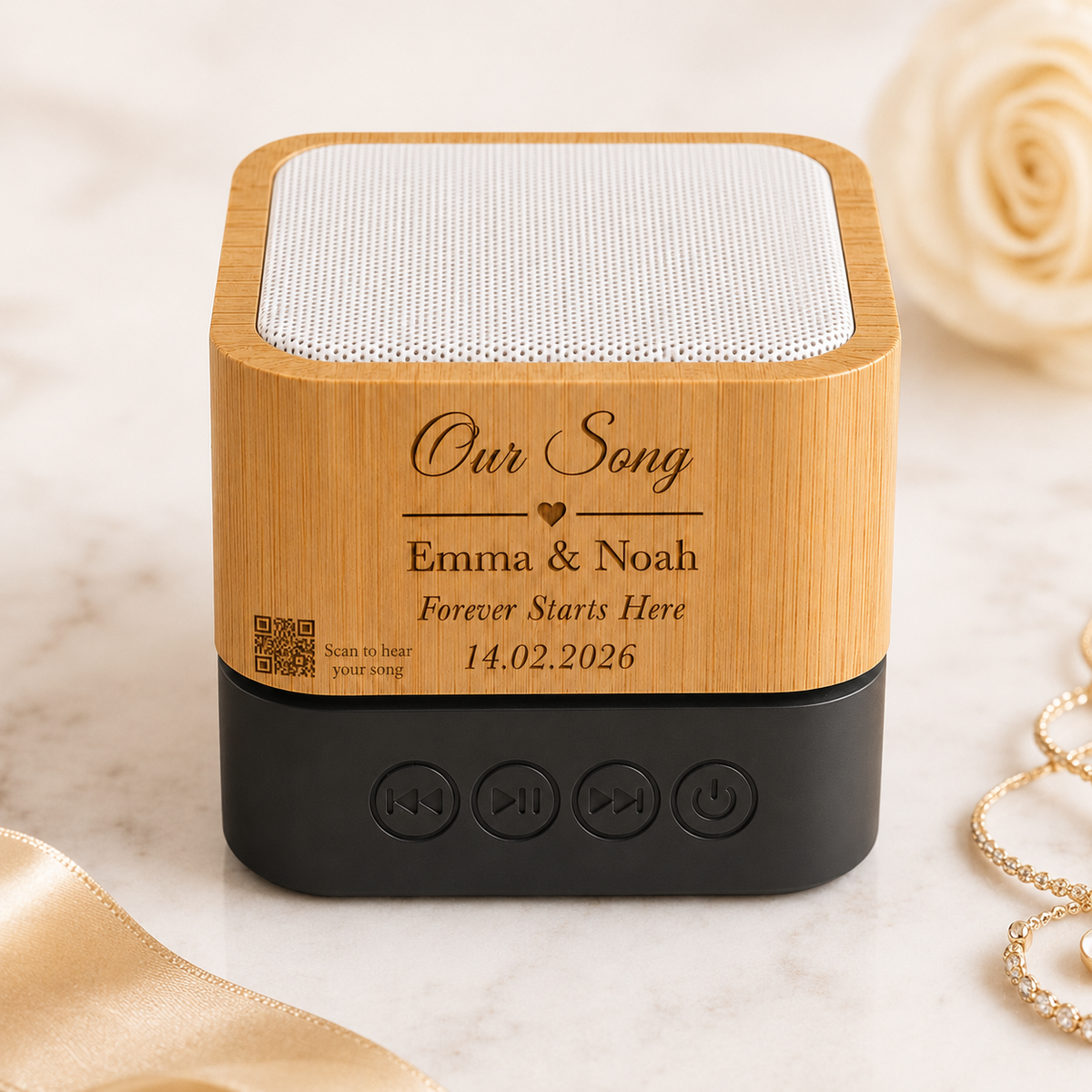 Custom Song Soundbox — bamboo Bluetooth speaker engraved with the song title, names and date, with a QR code