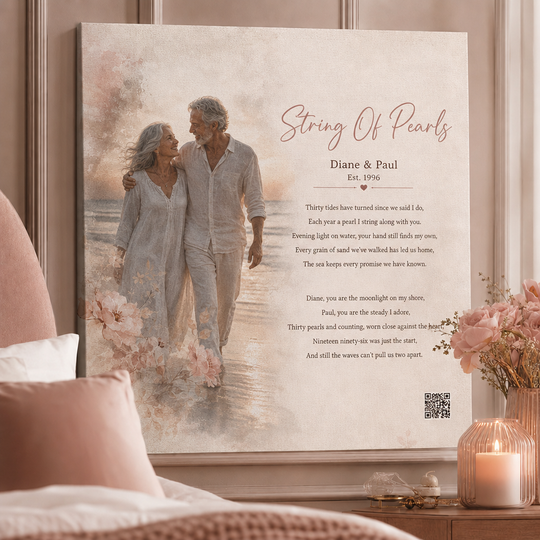 30th anniversary gift — personalized custom song canvas: watercolor beach couple, lyrics, Est. 1996, QR code — Songbond