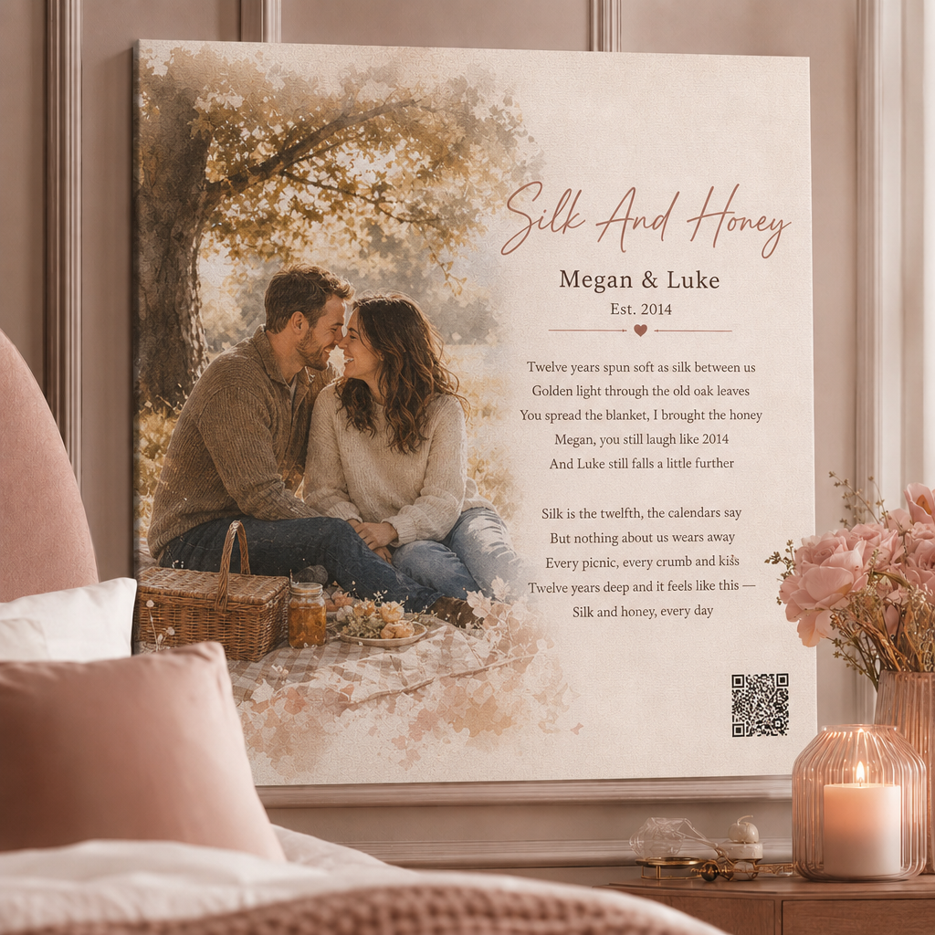 12 year anniversary gift — personalized custom song canvas: watercolor picnic couple, lyrics, Est. 2014, QR code — Songbond